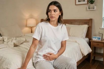 Jeune femme enceinte aux premiers stades de la grossesse assise sur son lit, main posée sur le ventre, expression sereine et introspective