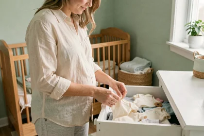 Femme enceinte préparant les vêtements de bébé dans la chambre de naissance décorée en vert sauge