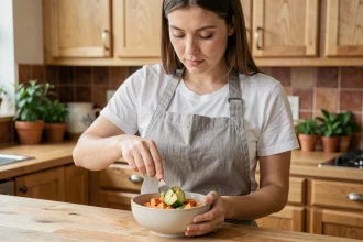Jeune mère préparant une purée de légumes équilibrée pour son bébé dans une cuisine en bois naturel