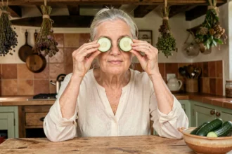Grand-mère appliquant des rondelles de concombre sur les yeux fatigués dans une cuisine rustique française