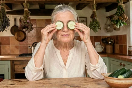 Grand-mère appliquant des rondelles de concombre sur les yeux fatigués dans une cuisine rustique française