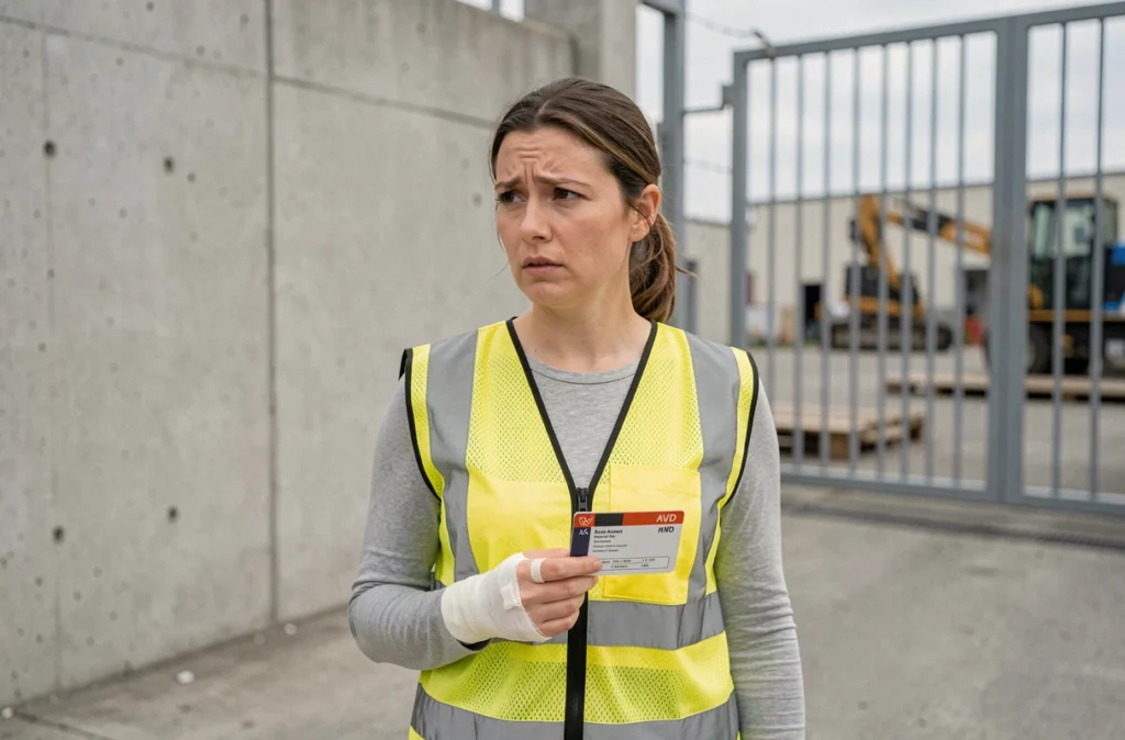 Une ouvrière avec un poignet bandagé hésite à reprendre le travail à l'entrée d'une usine sans certificat médical final