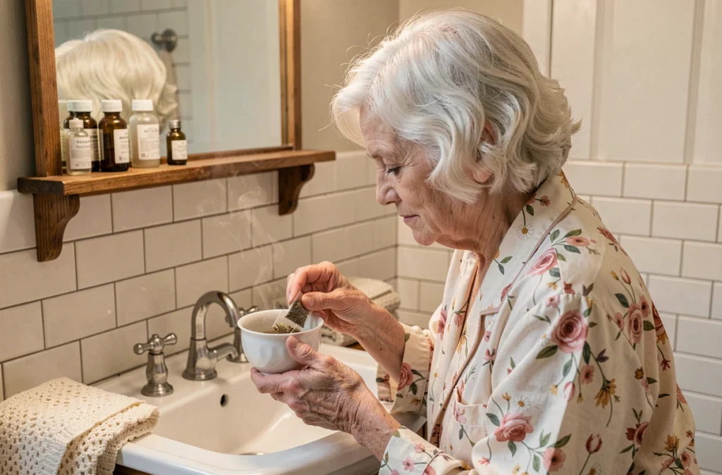 Femme âgée préparant des sachets de camomille comme remède de grand-mère pour soulager les yeux fatigués