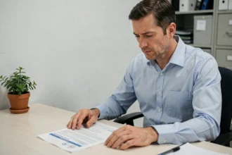Un salarié examine attentivement un formulaire de certificat médical final après un accident de travail, assis à un bureau administratif