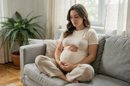 Femme enceinte sereine assise en tailleur sur un canapé en lin, les mains posées sur son ventre, illustrant la santé mentale pendant la grossesse