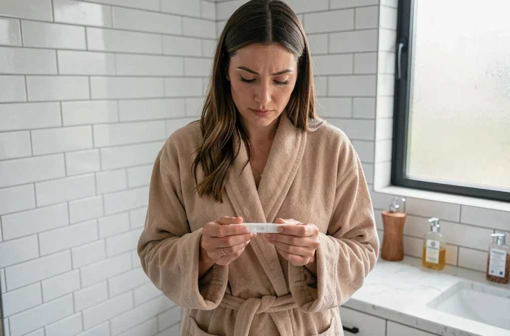 Femme tenant un test de grossesse positif dans une salle de bain moderne, expression émue et contemplative, premiers signes de grossesse
