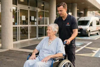 Une patiente en fauteuil roulant accompagnée d'un transporteur sanitaire à l'entrée d'un hôpital pour un transport médical pris en charge