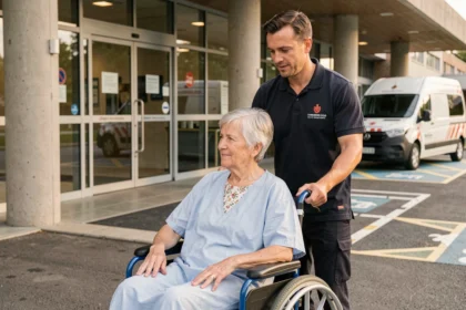Une patiente en fauteuil roulant accompagnée d'un transporteur sanitaire à l'entrée d'un hôpital pour un transport médical pris en charge