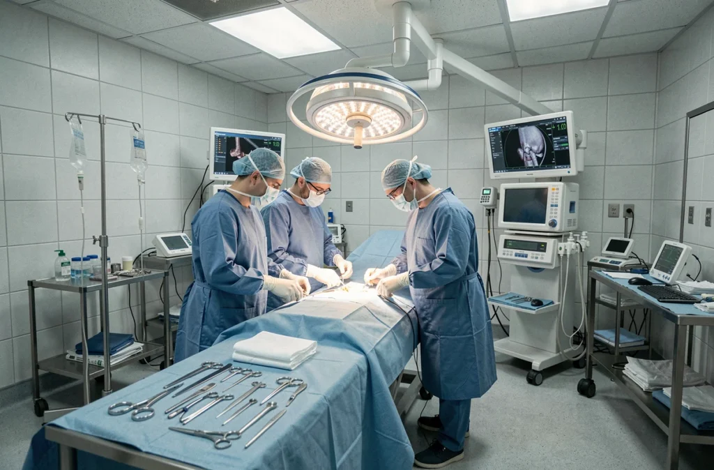 Bloc opératoire de neurochirurgie avec équipe chirurgicale lors d'une intervention sur la colonne vertébrale