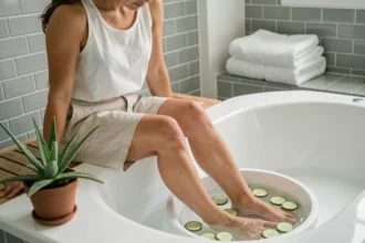 Femme soulageant une brûlure des pieds en les trempant dans un bain d'eau fraîche avec des rondelles de concombre dans une salle de bain apaisante