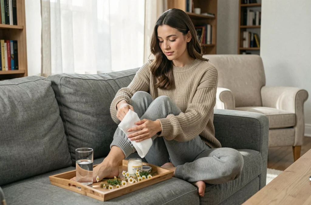 Jeune femme appliquant une compresse fraîche sur son pied pour calmer une brûlure cutanée, entourée de remèdes naturels sur un plateau en bois