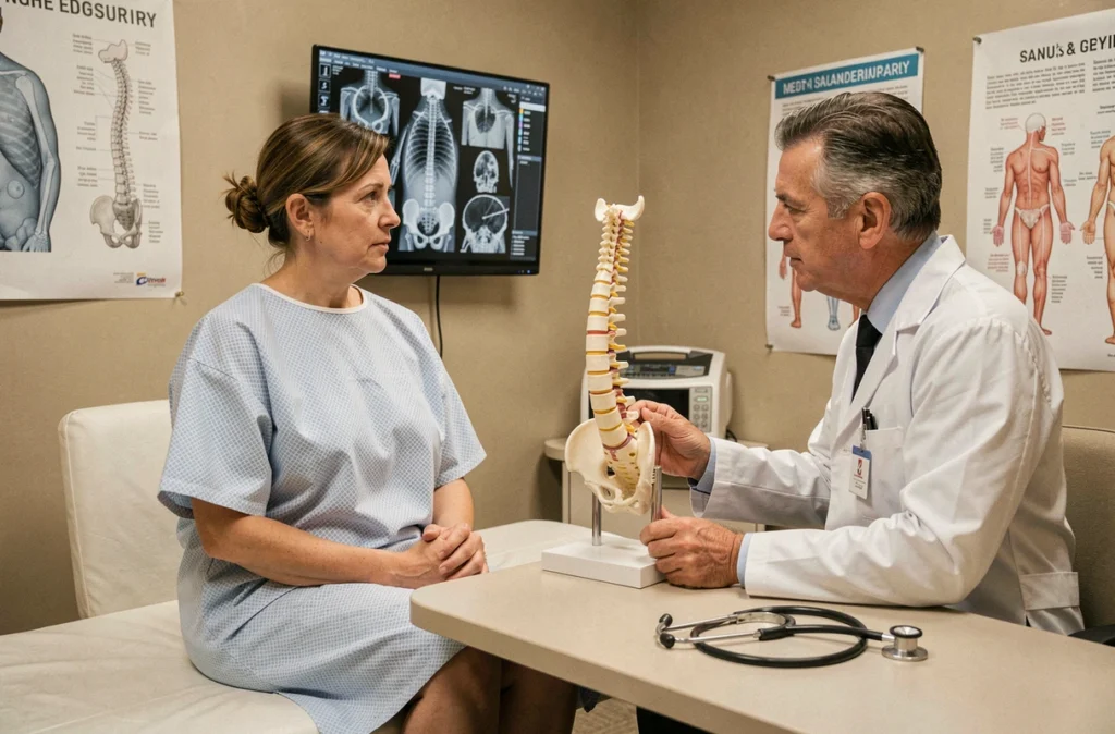 Consultation en neurochirurgie de la colonne vertébrale avec un médecin expliquant l'anatomie vertébrale à une patiente