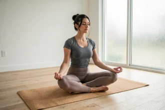 Femme en posture de lotus incorrecte sur un tapis de yoga en liège, montrant une erreur fréquente de placement des chevilles en studio de yoga minimaliste