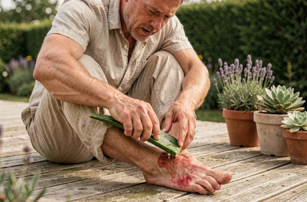 Homme appliquant du gel d'aloe vera sur la plante de son pied pour apaiser une brûlure cutanée sur une terrasse en bois