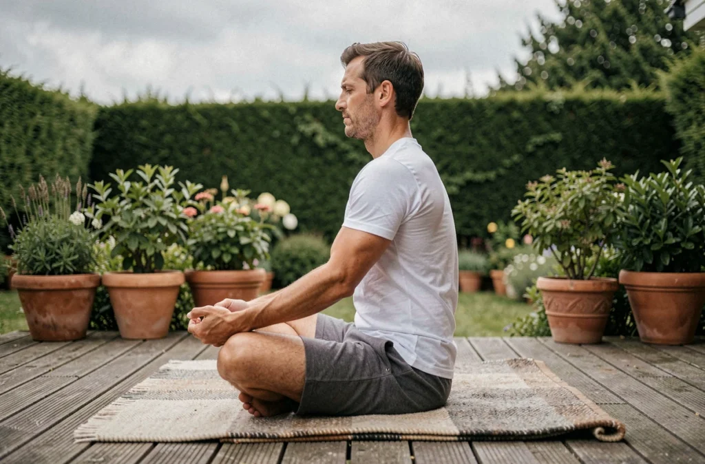 Homme en position préparatoire au lotus sur une terrasse en bois, illustrant une erreur de bascule du bassin fréquente en yoga