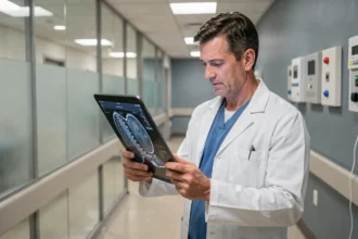 Neurochirurgien consultant un scanner IRM de la colonne vertébrale sur tablette dans un couloir hospitalier moderne à Tours