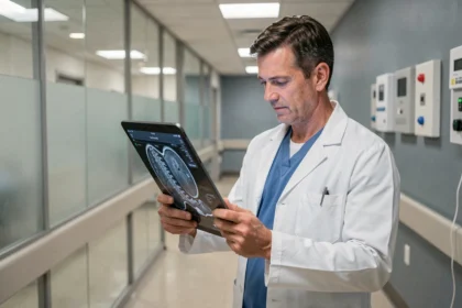 Neurochirurgien consultant un scanner IRM de la colonne vertébrale sur tablette dans un couloir hospitalier moderne à Tours