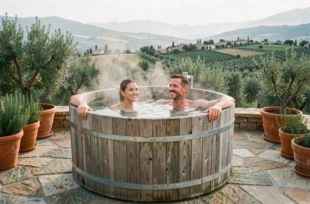 Couple se prélassant dans un bain nordique en bois sur une terrasse en pierre avec vue sur la vallée provençale et les oliveraies