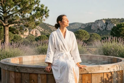 Femme en peignoir blanc se relaxant au bord d'un bain nordique en bois de cèdre entouré de lavande et de pins en Provence